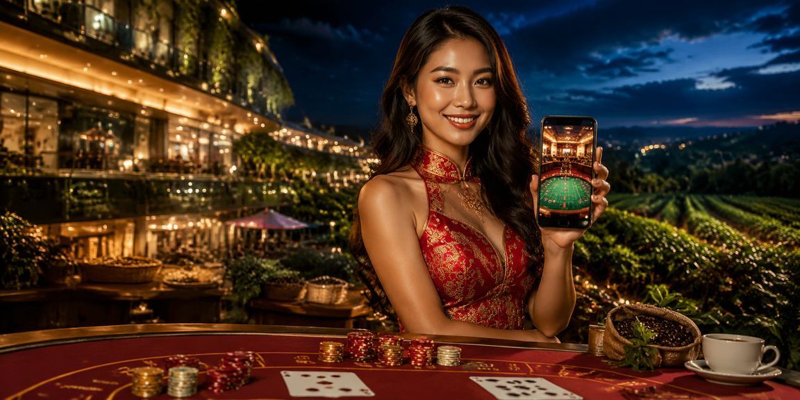 Người chơi mặc áo dài trải nghiệm game slots trên điện thoại tại Sapa giữa khung cảnh núi rừng