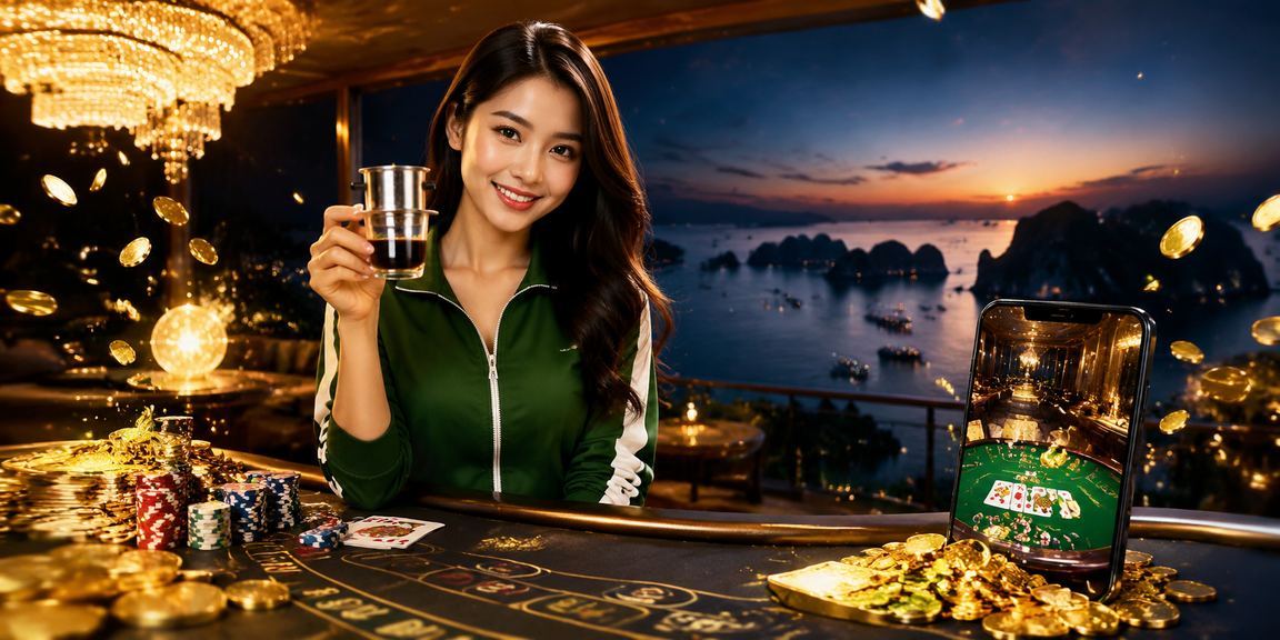 Nhóm bạn trải nghiệm Baccarat trực tuyến tại khu nghỉ dưỡng vịnh Hạ Long buổi tối