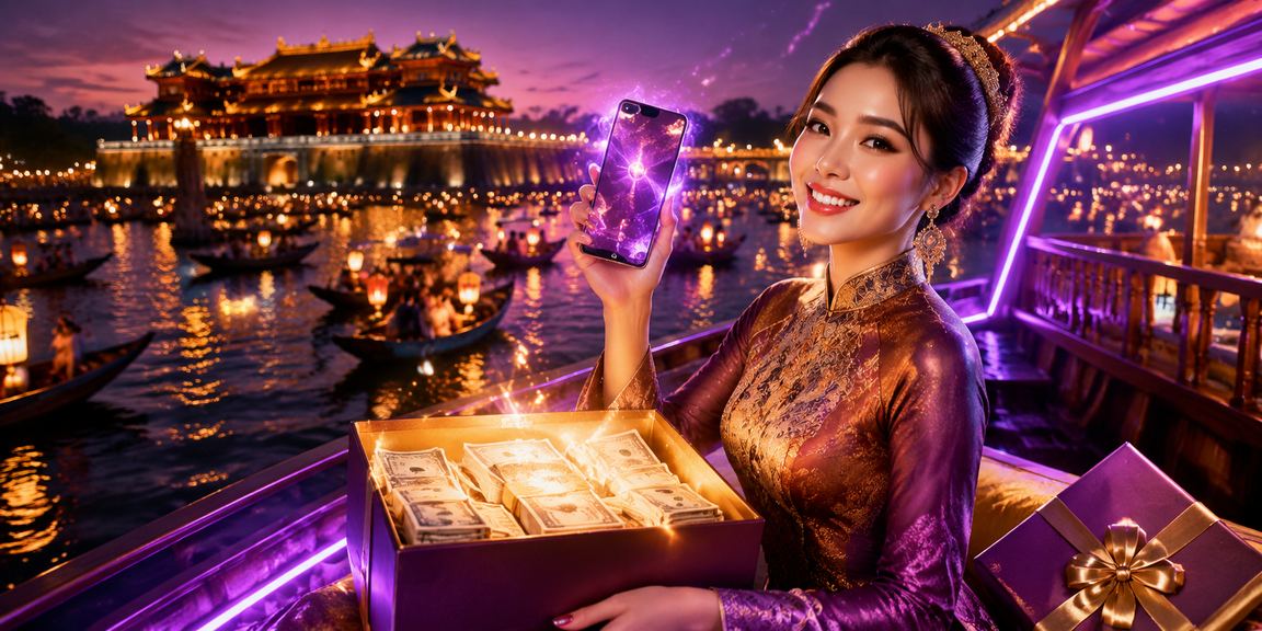 Màn hình neon casino di động ban đêm tại Huế
